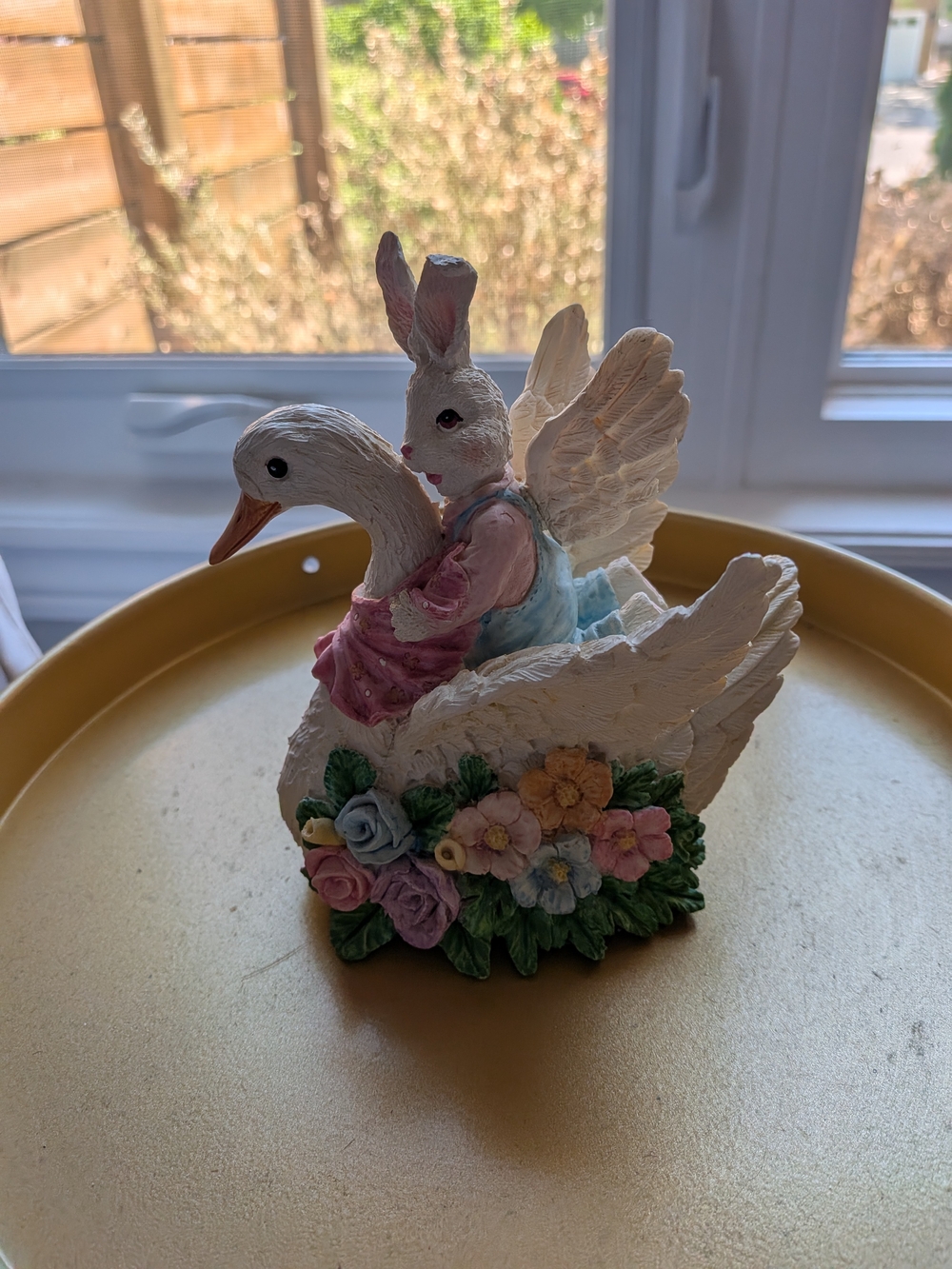 Vintage Goose Carrying A Bunny Figurine with Green Accents